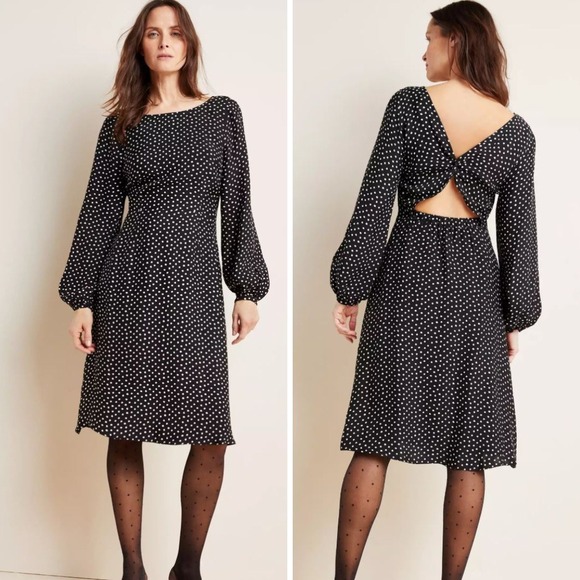 Anthropologie Agatha Midi Dress US 12 Black White Polka Dots‎ Cut Out Back Long - Picture 1 of 12